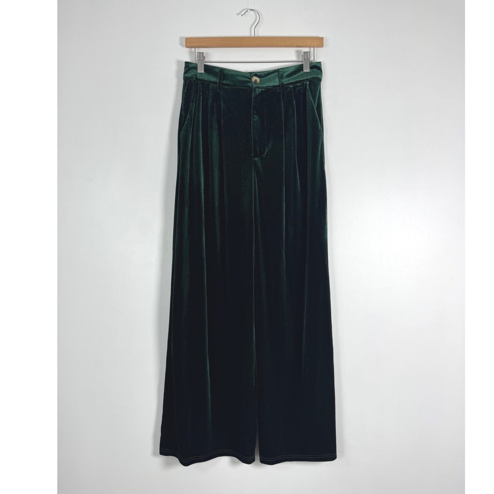 Elegant Cupshe Womens Medium Wide Leg Emerald Green Velvet Pleated Pants NWT